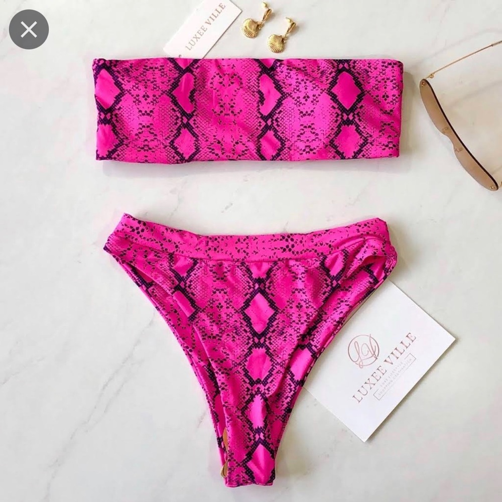 pink and black bandeau swimsuit top